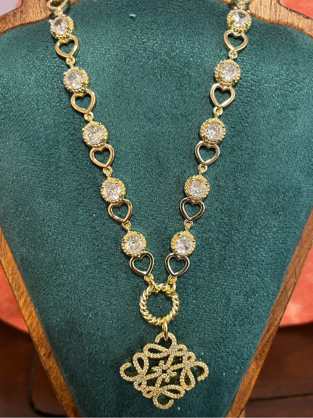 Gold Heart-Link AAA CZs Pendant Necklace with CZ Accents Bold & Beautiful!
